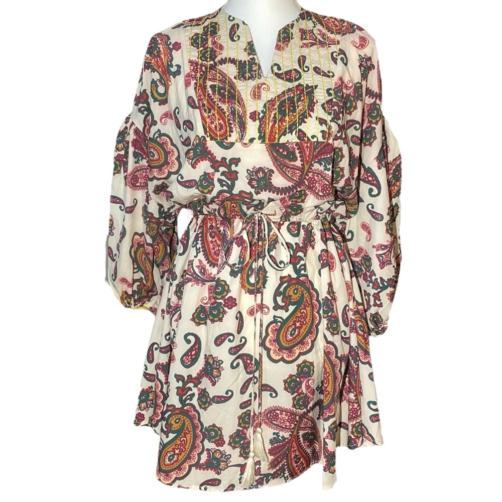 SundayUp Women's Small Paisley Boho Mini Dress‎ Zara Anthroplogie Tassel Waist